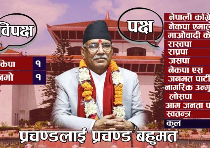 प्रचण्डलाई प्रतिनिधि सभाको अभूतपूर्व समर्थन, २६८ मत प्राप्त, जनमोर्चा र नेमकिपा विपक्षमा